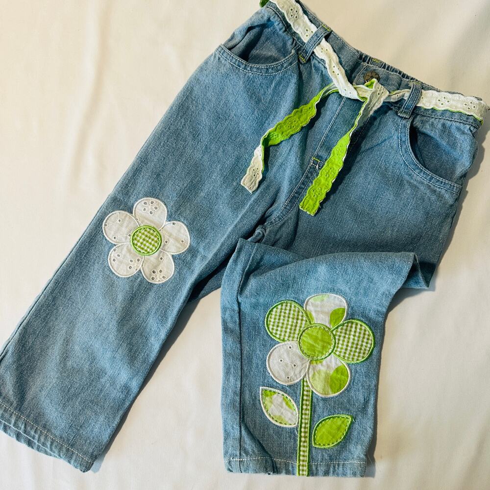 Vintage 2000s Y2K Kids Headquarters Green Flower Patchwork Jeans w/ Belt Sz 5